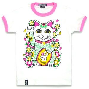 Lucky Cat Kids Tee Maneki Neko Toddler Girl Shirt Kitty White Pink 3-4 Years NWT